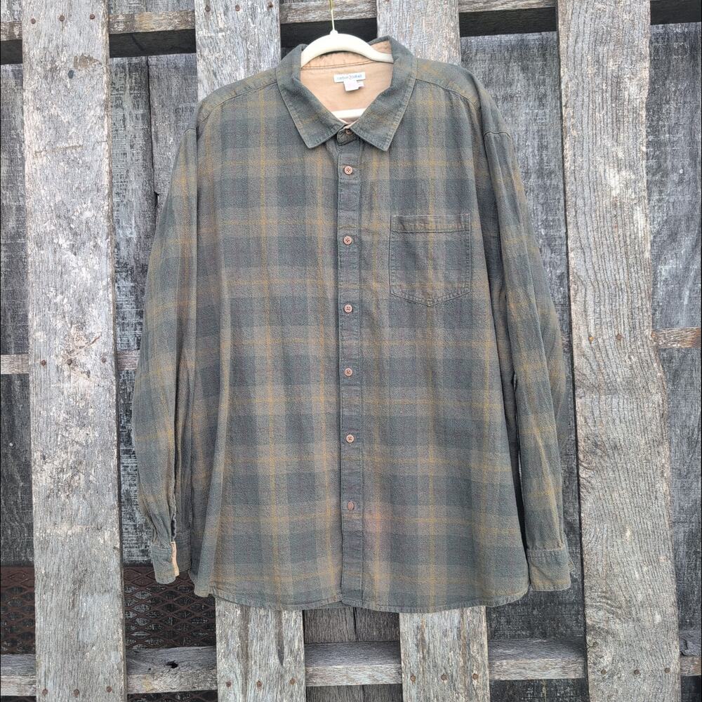 Carbon2Cobalt Linen Cotton Olive Plaid Flannel Long Sleeve Button Down Men's 2XL